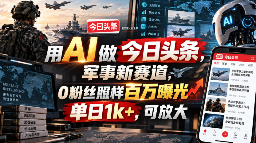 用AI做今日头条,军事新赛道,0粉丝照样百万曝光,单日1k+,可放大-网创百晓生