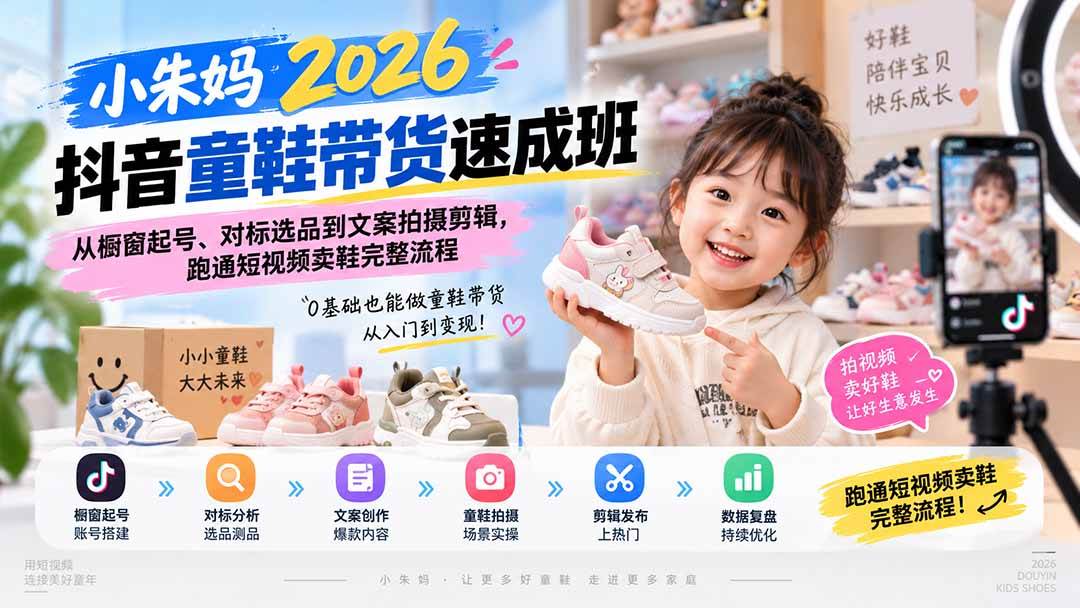 （20267期）小朱妈2026抖音童鞋带货速成班：从橱窗起号、对标选品到文案拍摄剪辑，跑通短视频卖鞋完整流程-怪兽网创俱乐部