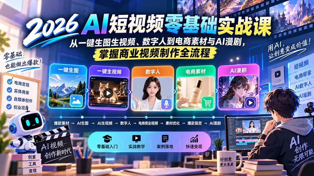 （20263期）2026AI短视频零基础实战课：从一键生图生视频、数字人到电商素材与AI漫剧，掌握商业视频制作全流程-怪兽网创俱乐部