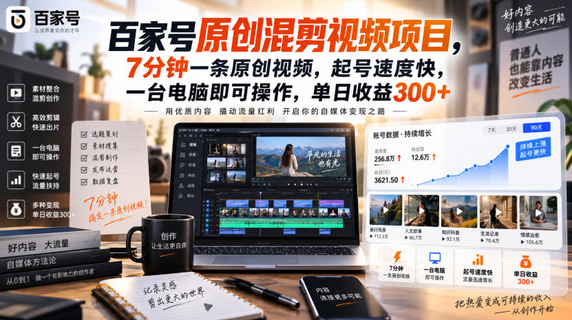 百家号原创混剪视频项目，7分钟一条原创视频，起号速度快，一台电脑即可操作，单日收益300+-怪兽网创俱乐部