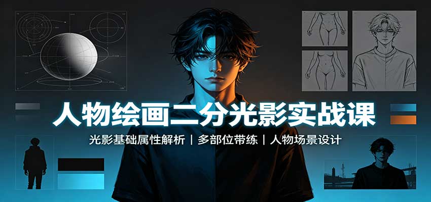 人物绘画二分光影实战课：光影基础属性解析，多部位带练，人物场景设计-怪兽网创俱乐部