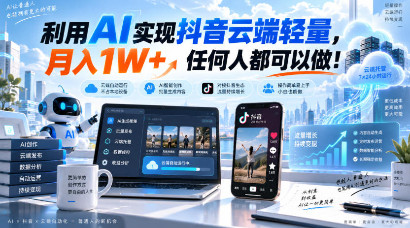 利用AI实现抖音云端轻量，月入1W+，任何人都可以做！【揭秘】-网创百晓生