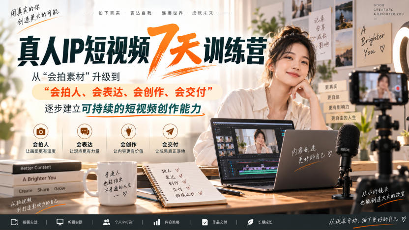 真人IP短视频7天训练营,从“会拍素材”升级到“会拍人、会表达、会创作、会交付”,逐步建立可持续的短视频创作能力-网创百晓生