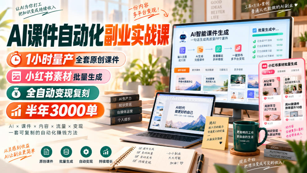 AI课件自动化副业实战课，1小时量产全套原创课件，小红书素材批量生成，全自动变现复刻，半年3000单-网创百晓生