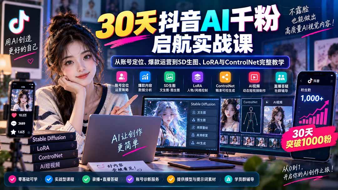 （20291期）30天抖音AI千粉启航实战课：从账号定位、爆款运营到SD生图、LoRA与ControlNet完整教学-怪兽网创俱乐部