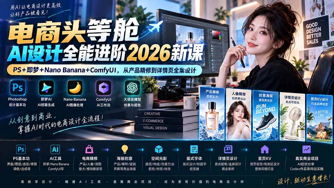 （20284期）电商头等舱AI设计全能进阶2026新课：PS+即梦+Nano Banana+ComfyUI，从产品精修到详情页全案设计-多课资源站