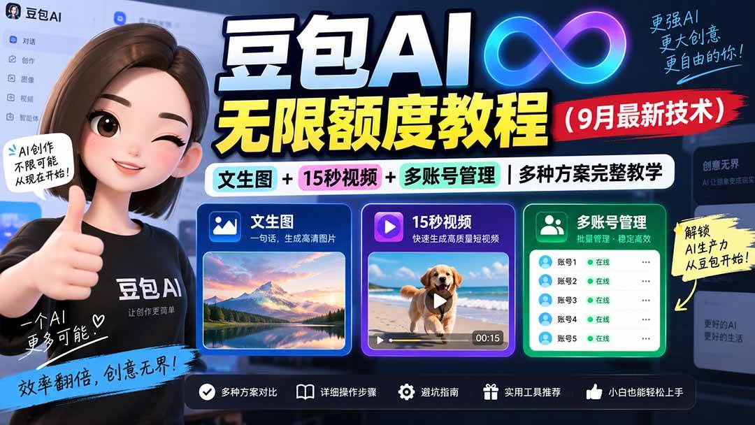 （20288期）豆包AI无限额度教程（9月最新技术）｜文生图+15秒视频+多账号管理｜多种方案完整教学-怪兽网创俱乐部