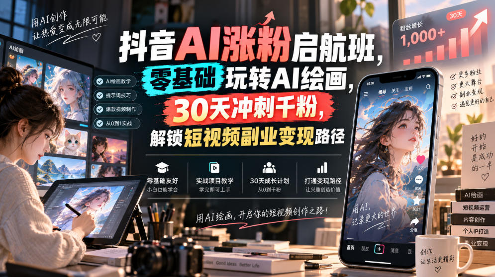 抖音AI涨粉启航班，零基础玩转AI绘画，30天冲刺千粉，解锁短视频副业变现路径-邪修侠 - 演示
