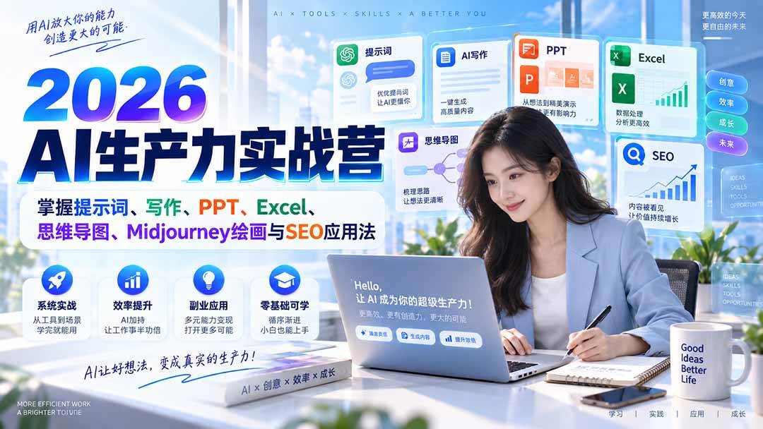 （20307期）2026AI生产力实战营：掌握提示词、写作、PPT、Excel、思维导图、Midjourney绘画与SEO应用法-多课资源站