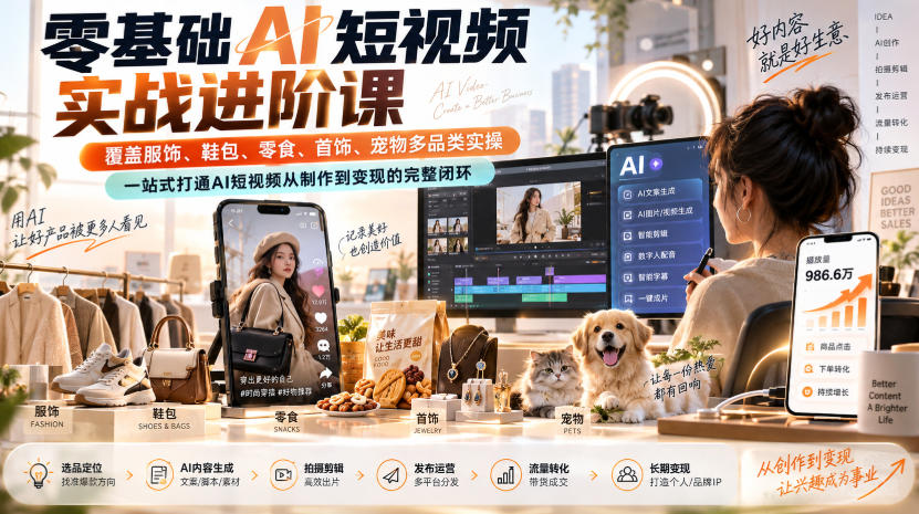 零基础AI短视频实战进阶课,覆盖服饰、鞋包、零食、首饰、宠物多品类实操,一站式打通AI短视频从制作到变现的完整闭环-90网