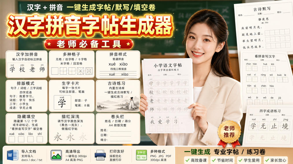 学习神器,汉字拼音字帖生成器,汉字+拼音 一键生成字帖/默写/填空卷,支持词组、成语,老师、家长必备-90网