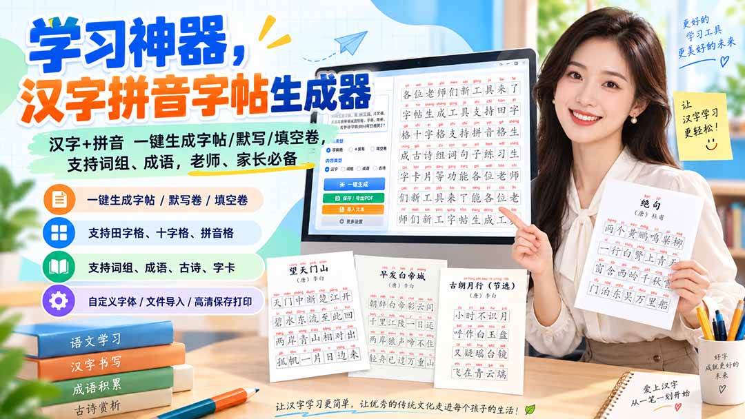 （20299期）学习神器，汉字拼音字帖生成器，汉字+拼音 一键生成字帖/默写/填空卷，支持词组、成语，老师、家长必备-多课资源站