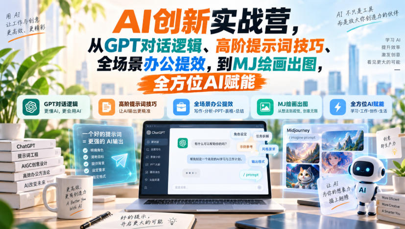 AI创新实战营，从GPT对话逻辑、高阶提示词技巧、全场景办公提效，到MJ绘画出图，全方位AI赋能-怪兽网创俱乐部