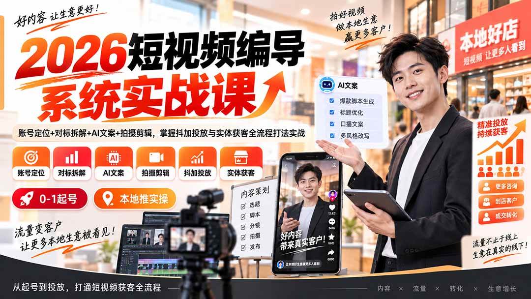 （20305期）2026短视频编导系统实战课：账号定位+对标拆解+AI文案+拍摄剪辑，掌握抖加投放与实体获客全流程打法实战-多课资源站