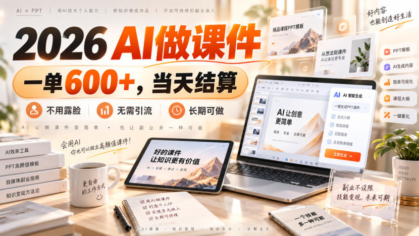 2026 AI做课件，一单600+，当天结算，不用露脸，无需引流，长期可做【揭秘】-90网