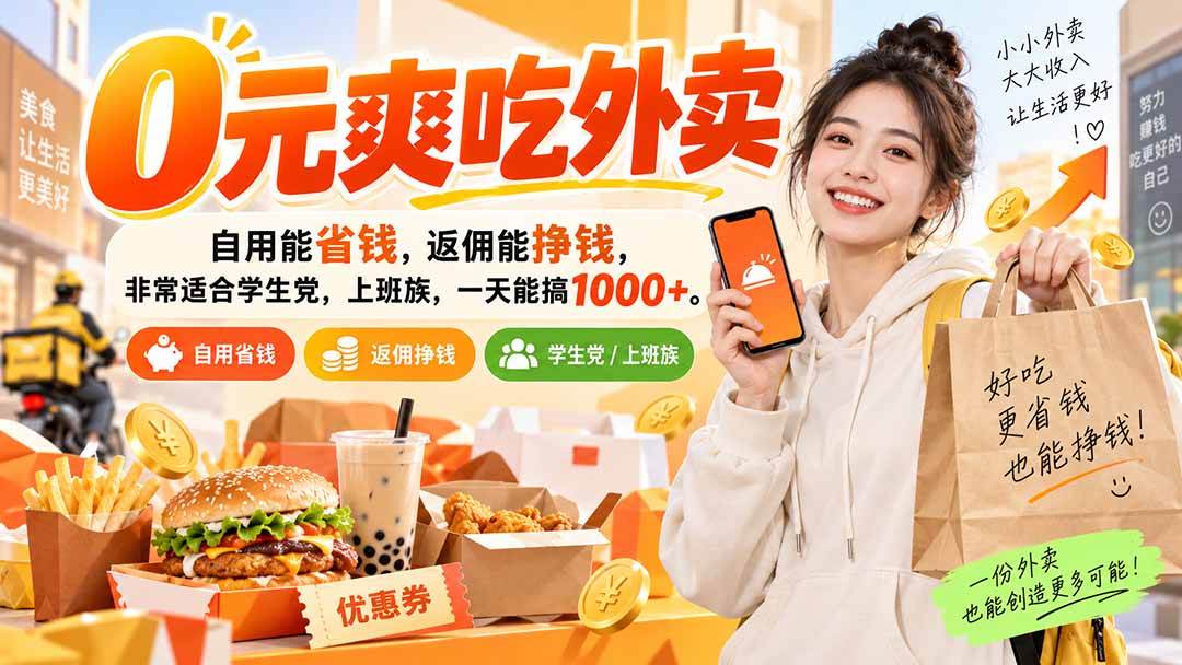 （20309期）0元爽吃外卖，自用能省钱，返佣能挣钱，非常适合学生党，上班族，一天能搞1000+-奇点库