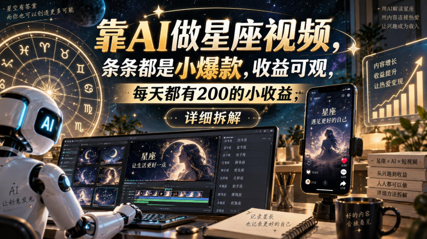 靠AI做星座视频，条条都是小爆款，收益可观，每天都有200的小收益，详细拆解-网创百晓生