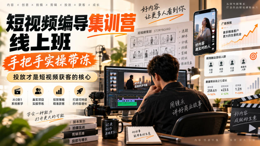 短视频编导集训营线上班,手把手实操带冻,投放才是短视频获客的核心-90网