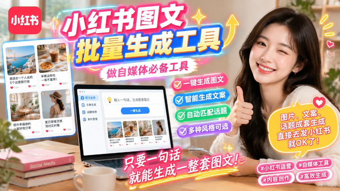 小红书图文批量生成工具,话题、文案、配图一键生成,直接发布,做自媒体必备工具-90网
