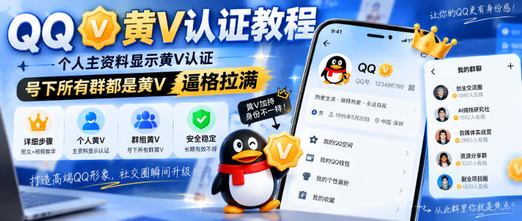 QQ黄V认证教程，个人主资料显示黄V认证，号下所有群都是黄V，逼格拉满-奇点库