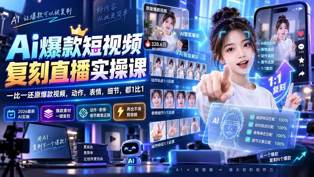 （20304期）最新Ai爆款短视频复刻直播实操课，一比一还原爆款视频，动作，表情，细节，都1比1-多课资源站