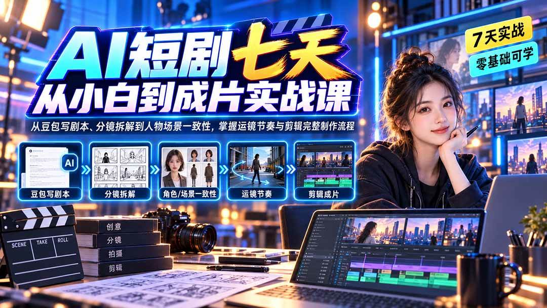 （20329期）AI短剧七天从小白到成片实战课：从豆包写剧本、分镜拆解到人物场景一致性，掌握运镜节奏与剪辑完整制作流程-怪兽网创俱乐部