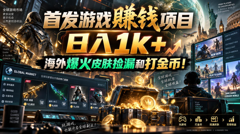 首发游戏賺钱项目，日入1k+，海外爆火皮肤捡漏和打金币！【揭秘】-怪兽网创俱乐部