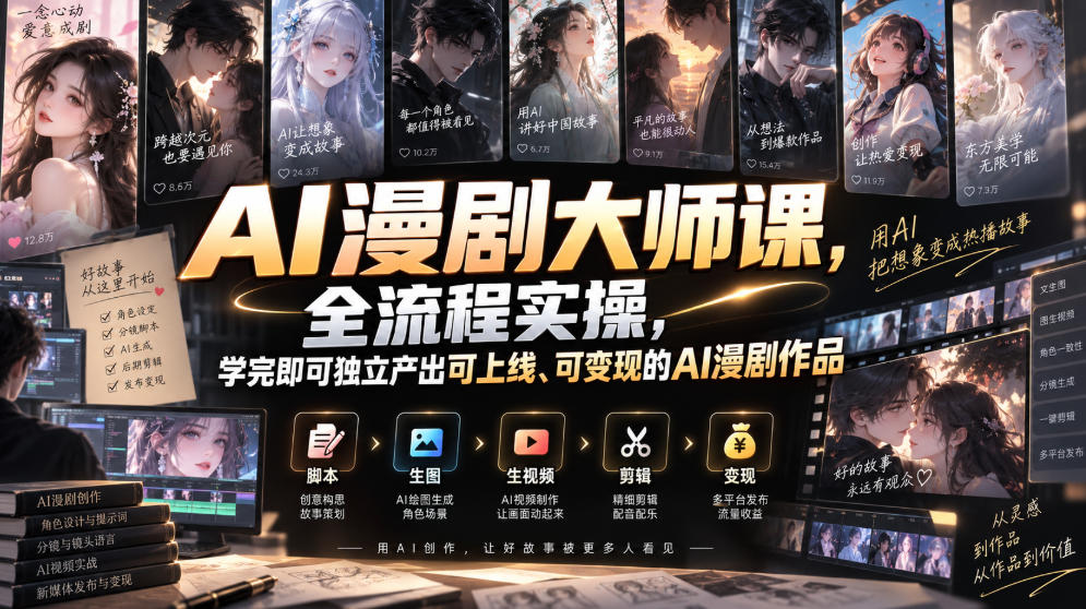 AI漫剧大师课,全流程实操,学完即可独立产出可上线、可变现的AI漫剧作品-网创百晓生