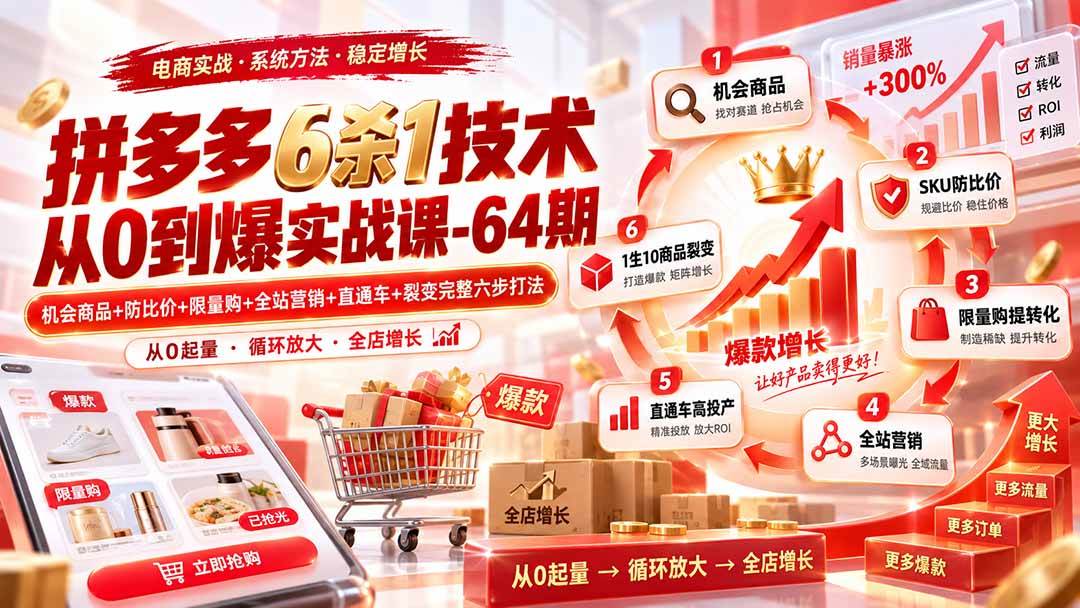 （20315期）拼多多6杀1技术从0到爆实战课-64期：机会商品+防比价+限量购+全站营销+直通车+裂变完整六步打法-多课资源站