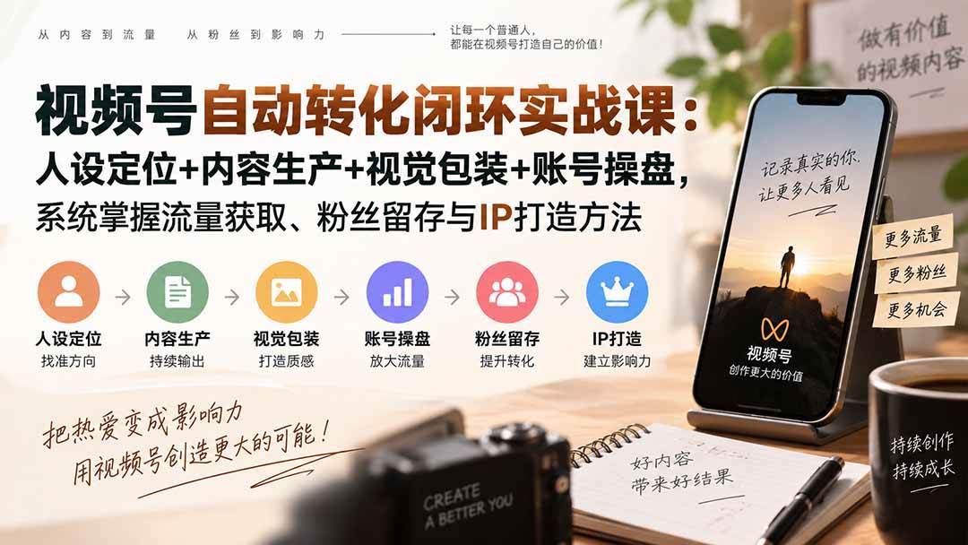 （20327期）视频号自动转化闭环实战课：人设定位+内容生产+视觉包装+账号操盘，系统掌握流量获取、粉丝留存与IP打造方法-多课资源站