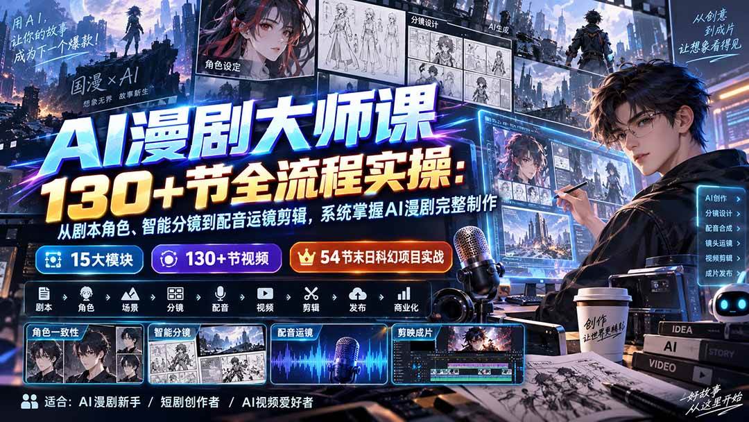 （20326期）AI漫剧大师课130+节全流程实操：从剧本角色、智能分镜到配音运镜剪辑，系统掌握AI漫剧完整制作-多课资源站