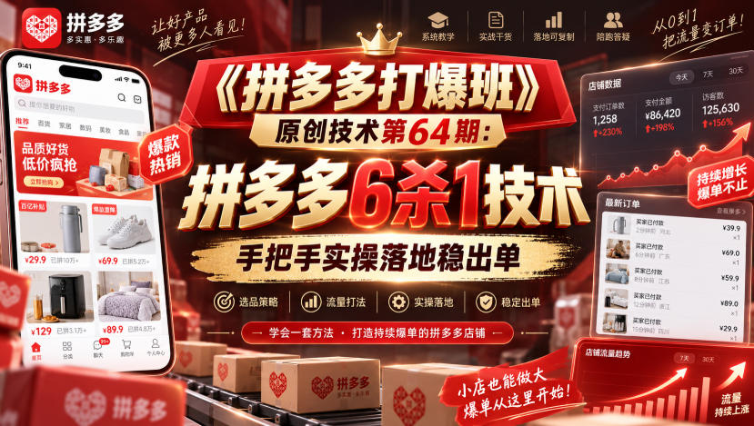 《拼多多打爆班》原创技术第64期:拼多多6杀1技术,手把手实操落地稳出单-90网