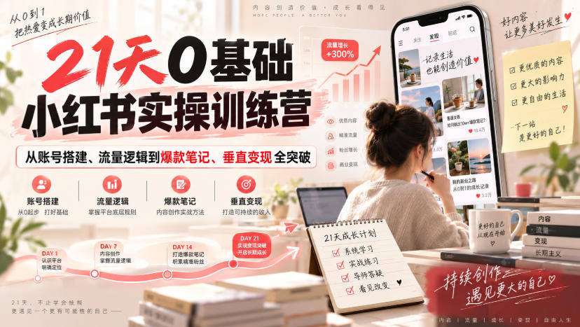 21天0基础小红书实操训练营｜从账号搭建、流量逻辑到爆款笔记、垂直变现全突破-多课资源站