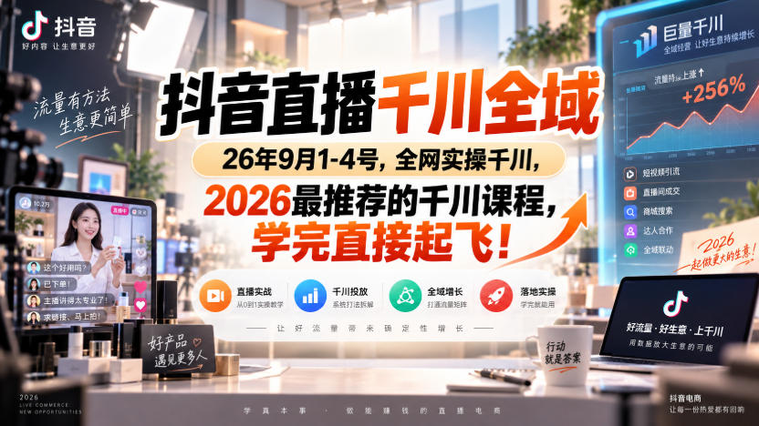 抖音直播千川全域26年9月1-4号，全网实操千川，2026最推荐的千川课程，学完直接起飞！-多课资源站
