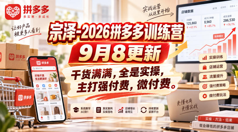 宗泽-2026拼多多训练营9月8更新，干货满满，全是实操，主打强付费，微付费-怪兽网创俱乐部