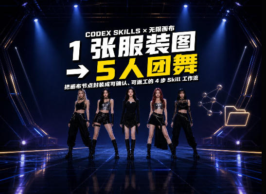 一张服装图生成五人团舞视频：我把 Codex+无限画布工作流做成了Skill-网创百晓生