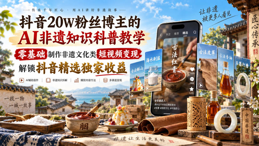 抖音20W粉丝博主的AI非遗知识科普教学，零基础制作非遗文化类短视频变现，解锁抖音精选独家收益-怪兽网创俱乐部
