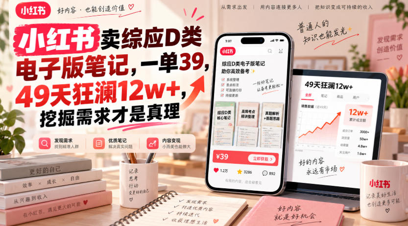 小红书卖综应D类电子版笔记，一单39，49天狂澜12w+，挖掘需求才是真理-怪兽网创俱乐部