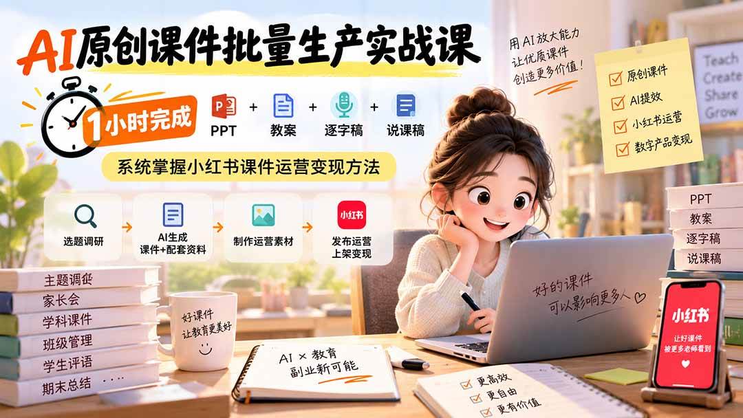（20351期）AI原创课件批量生产实战课：1小时完成PPT+教案+逐字稿+说课稿，系统掌握小红书课件运营变现方法-多课资源站