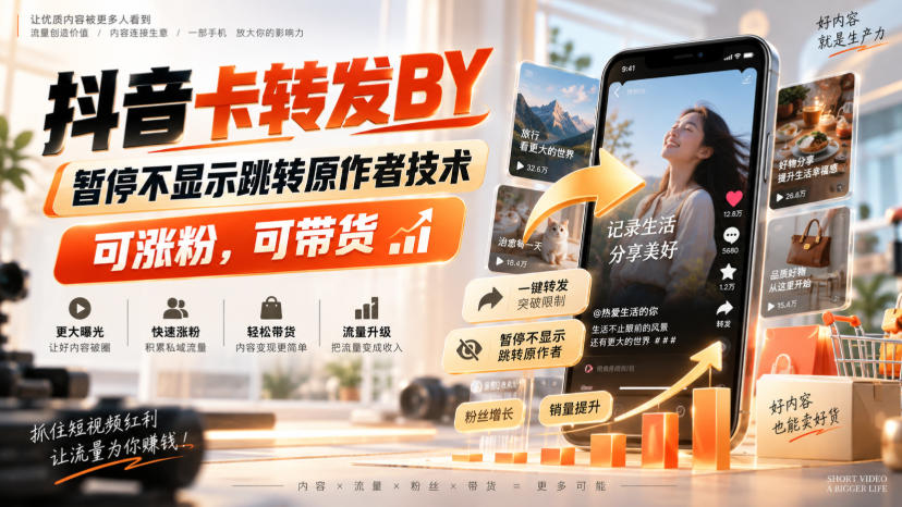 抖音卡转发搬运，暂停不显示跳转原作者技术，可涨粉，可带货-多课资源站