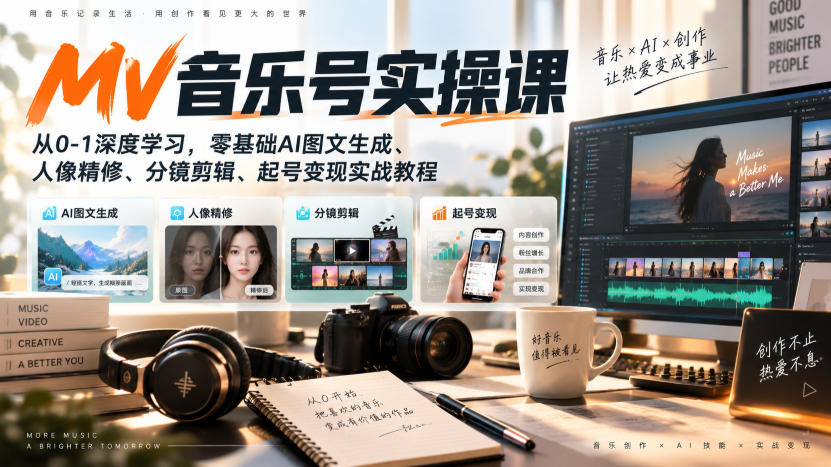 AI MV音乐号实操课，从0-1深度学习，零基础AI图文生成、人像精修、分镜剪辑、起号变现实战教程-怪兽网创俱乐部