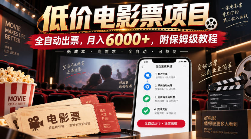 低价电影票项目，全自动出票，月入6000+，附保姆级教程【揭秘】-韬哥副业项目资源网