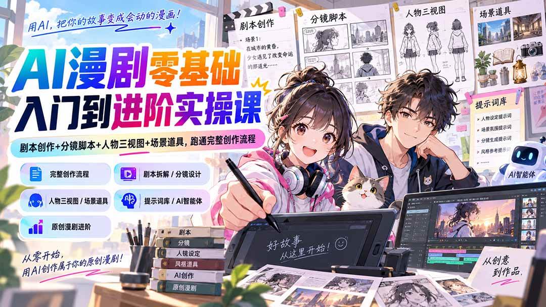 （20352期）AI漫剧零基础入门到进阶实操课：剧本创作+分镜脚本+人物三视图+场景道具，跑通完整创作流程-多课资源站