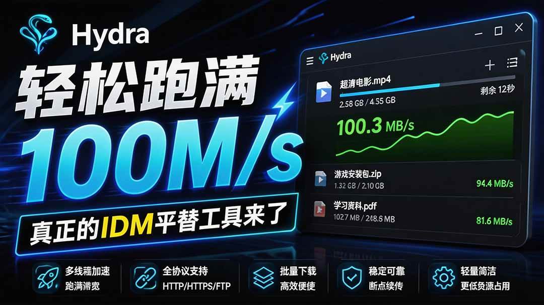 （20350期）轻松跑满100M/s，真正的IDM平替工具来了，开源多线程器，支持浏览器拓展，一键智能加速 Hydra Download Manager-多课资源站
