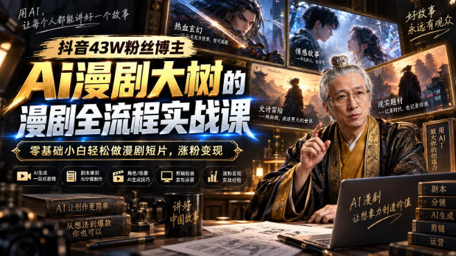 抖音43W粉丝博主Ai漫剧大树的漫剧制作全流程实战课，零基础小白轻松做漫剧短片，涨粉变现-多课资源站