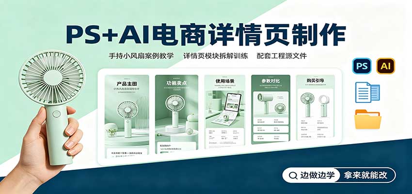 PS+AI电商详情页制作：手持小风扇案例教学，配套工程源文件-邪修侠