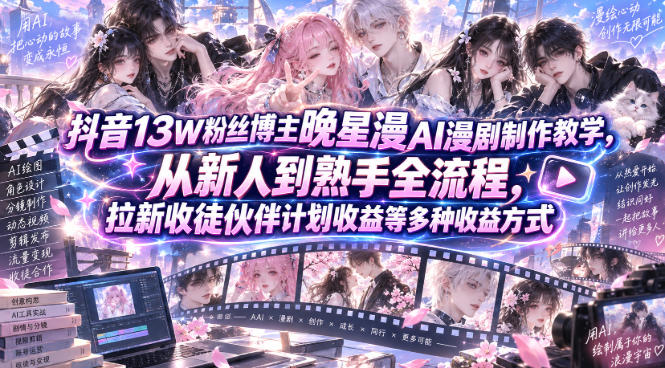 抖音13W粉丝博主晚星漫AI漫剧制作教学,从新人到熟手全流程,拉新收徒伙伴计划收益等多种收益方式,单日1K+-90网