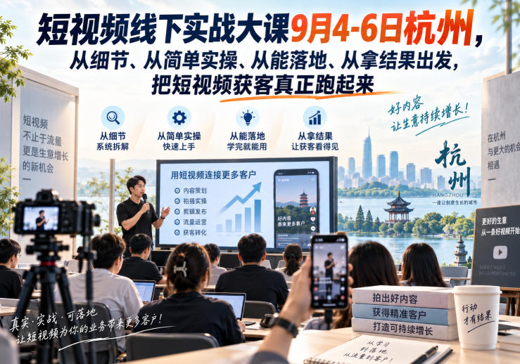 短视频线下实战大课9月4-6日杭州,从细节、从简单实操、从能落地、从拿结果出发,把短视频获客真正跑起来-90网