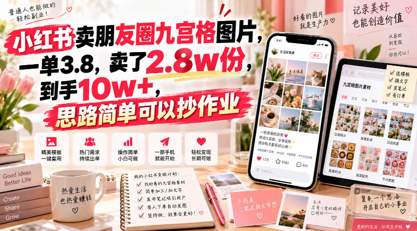 小红书卖朋友圈九宫格图片,一单3.8,卖了2.8w份,到手10w+,思路简单可以抄作业-90网