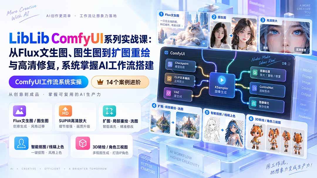 （20368期）LibLib ComfyUI系列实战课：从Flux文生图、图生图到扩图重绘与高清修复，系统掌握AI工作流搭建-多课资源站